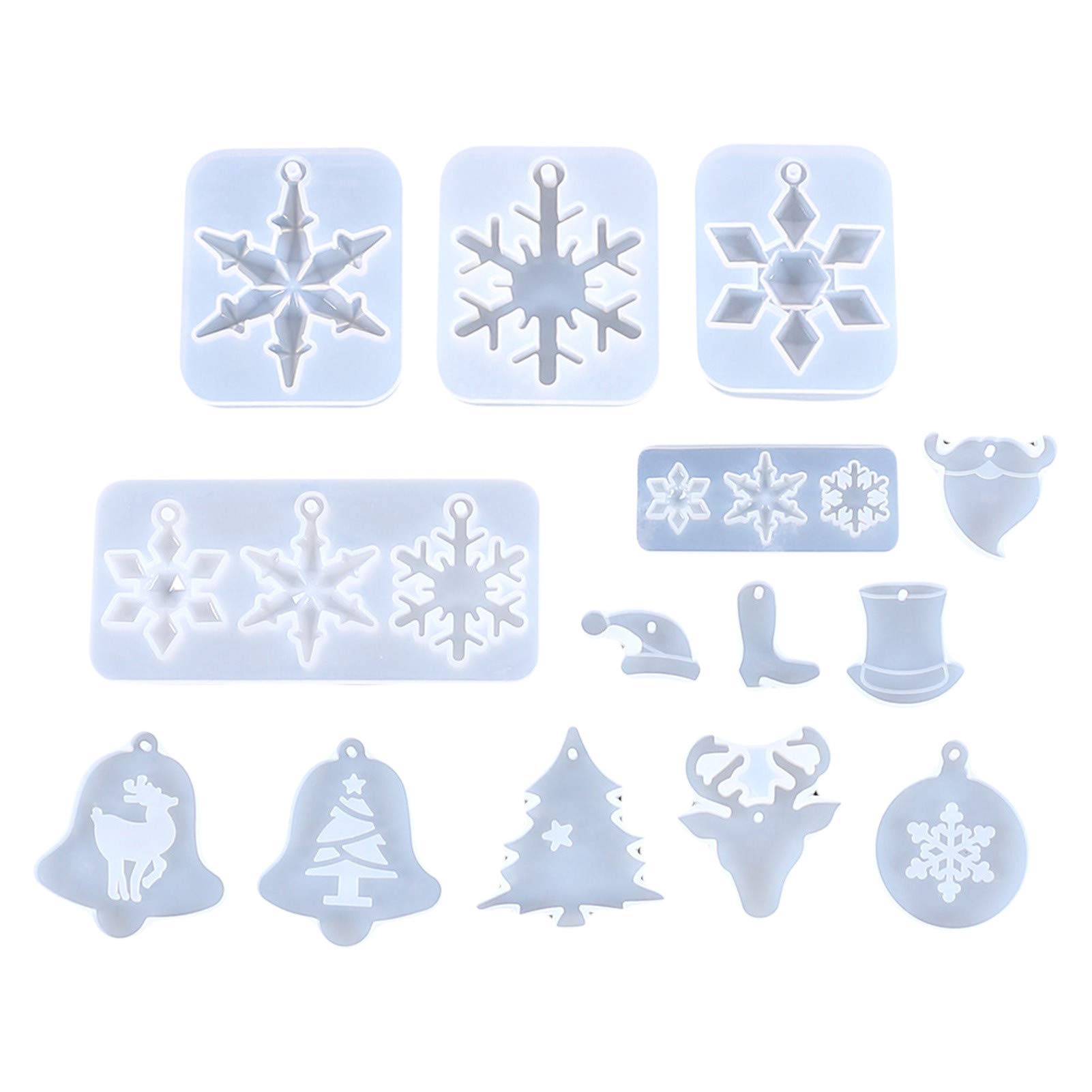 DUBENS Set of 14 Christmas Resin Silicone Moulds Christmas Snowflake Keychain Shapes Christmas Tree Epoxy Casting Mould Christmas Theme Mould with Hanging Hole
