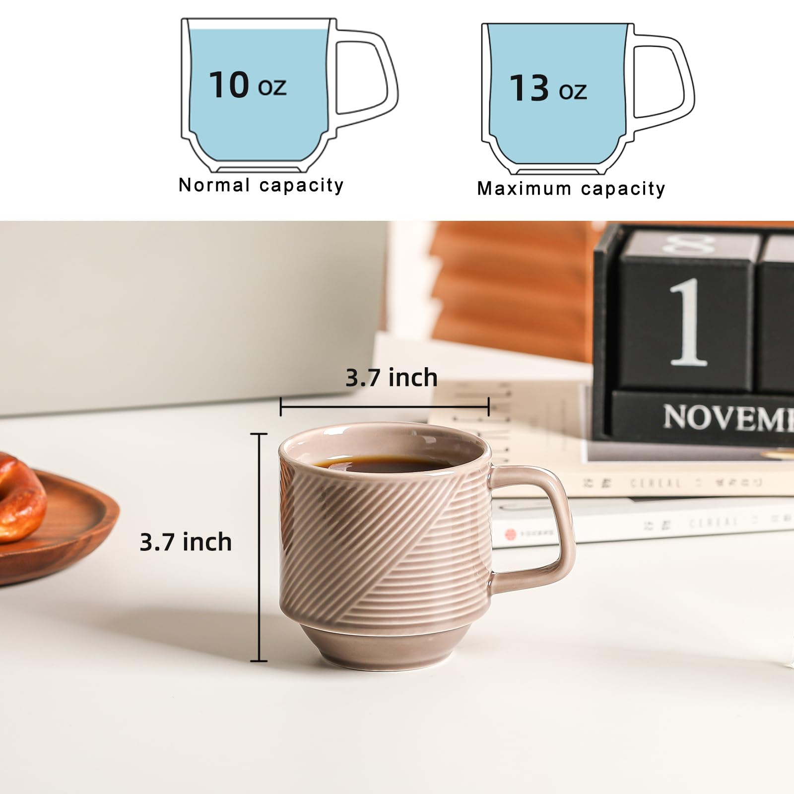 Juego de tazas de café apilables: tazas apilables de cerámica de 13 onzas para té capuchino con leche, taza apta para microondas para el hogar y la oficina, 4 unidades, color gris