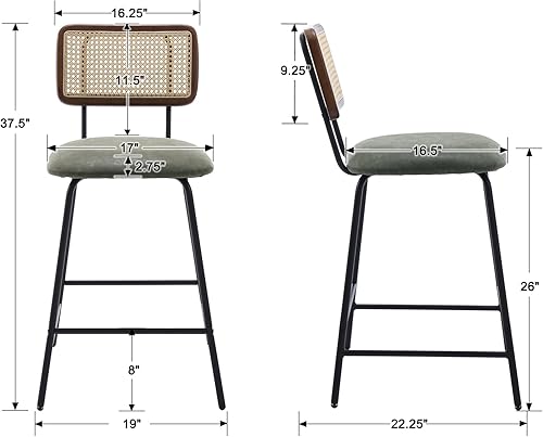 Miniatura 2 de Mid-Century Taburetes de bar de ratán de altura, 26 pulgadas, taburetes tapizados de poliuretano verde con respaldo de bastón, juego de 2