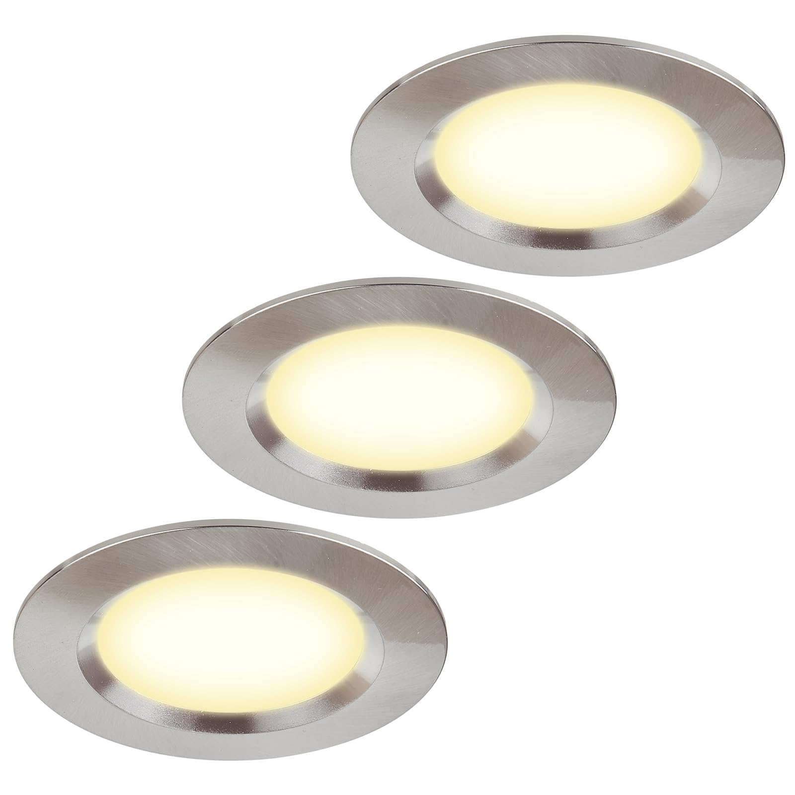HCFEI Set of 3 Furniture Lights 12 V Ultra Flat 3 W LED Recessed Spotlights 55 mm Hole Cut-Out with 2 m Cable IP44 Ceiling Spotlight for Mirror Cabinets, Showcases, Furniture and Cabinets (Brushed