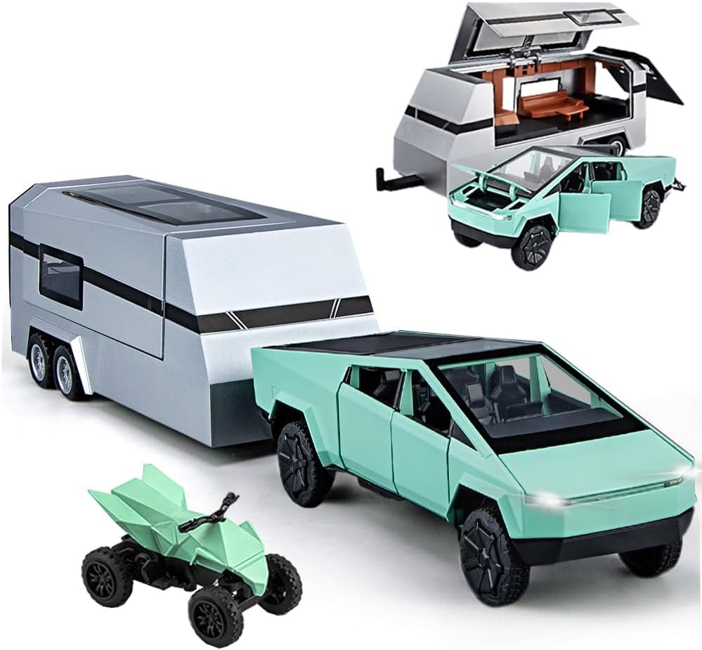 Image of Tesla CyberTruck with Pick-Up Trailer Model Car with Box, Zinc Alloy Pull Back Toy car with Sound and Light for Kids Boy Girl Gift [Colors as Per Stock]