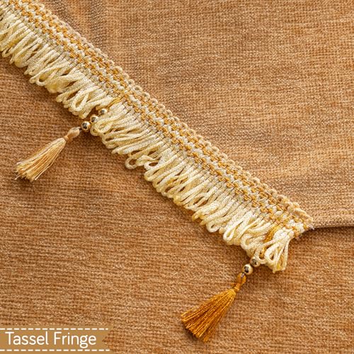 Image of HOKIPO 'Serenity Tassel' Chenille Sofa Cover 5 Seater Set with Tassels - Washable 3+1+1 Sofa Cover Mat | Sunlit Amber (IN-890 * 2 + IN-892 - GLD)
