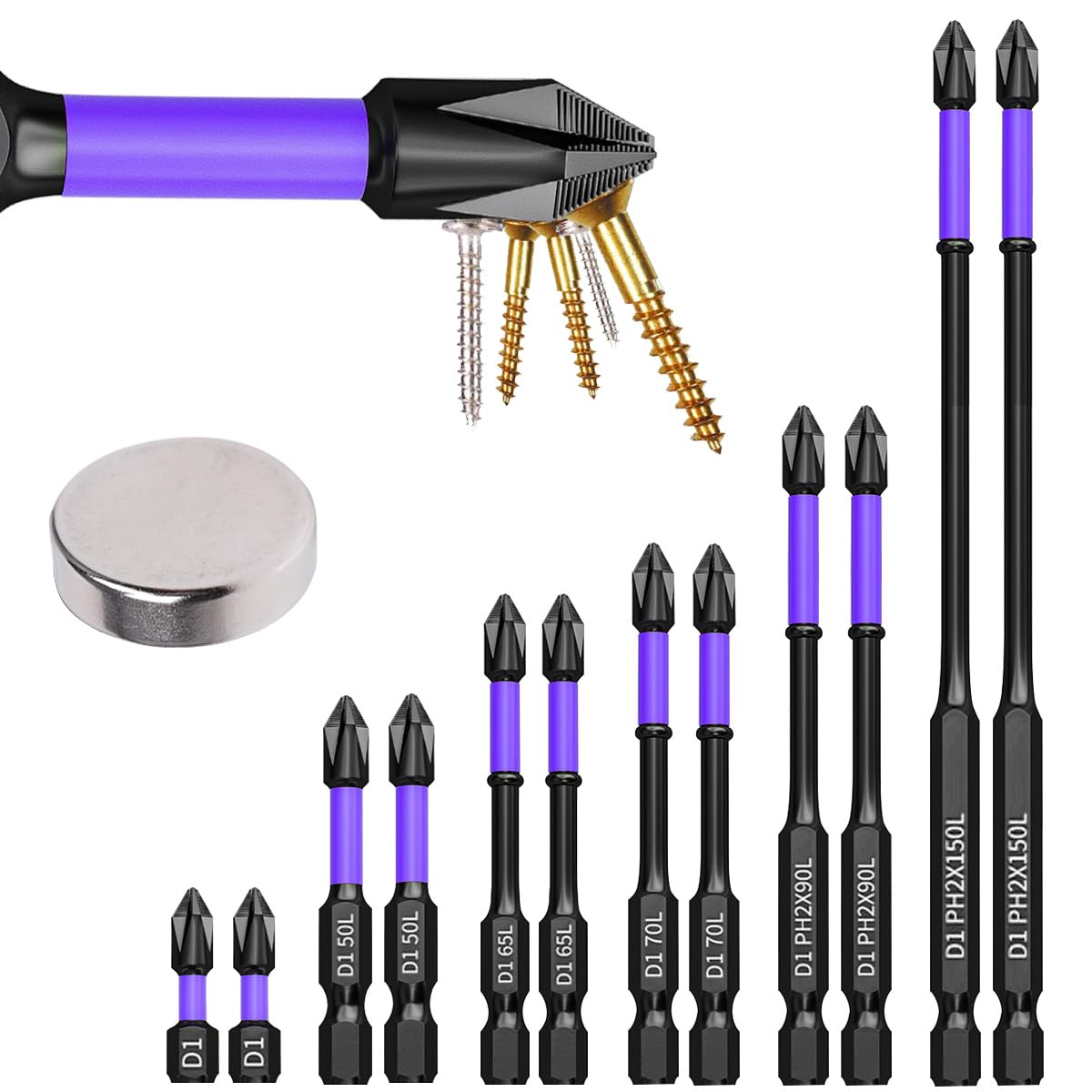 12 punte magnetiche ad alta durezza e resistenti, punte antiscivolo e antiurto con punte per cacciavite, kit di punte magnetiche per cacciavite con punta magnetizzante, in lega di acciaio nero