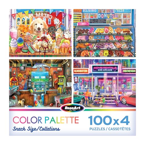 RoseArt - Set de rompecabezas tamaño snack - Paleta de colores - 4 rompecabezas de 100 piezas para adultos