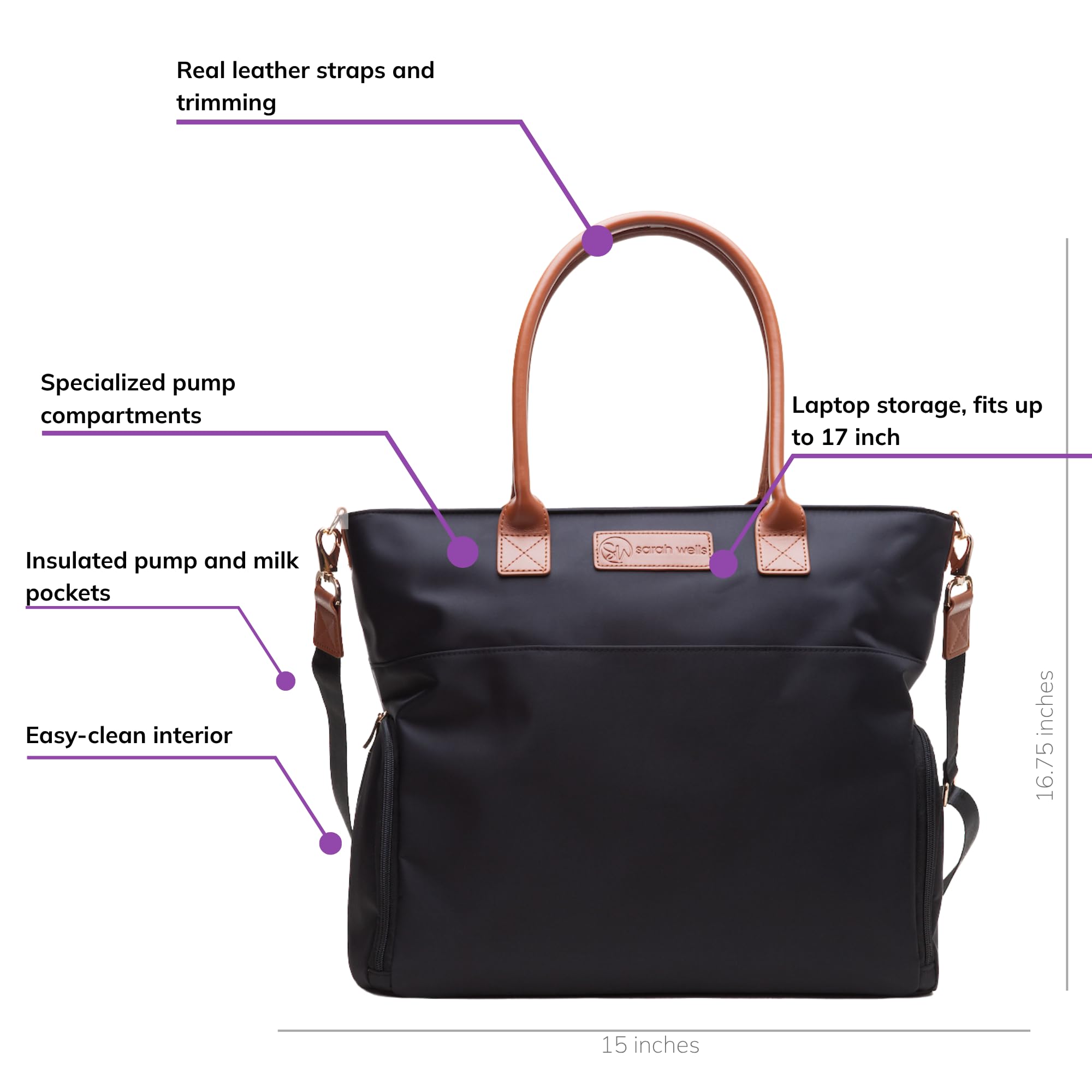 Abby Sac fourre-tout pour tire-lait avec sangles en cuir véritable – Sac de pompage élégant avec poches isothermes, rangement pour ordinateur portable et intérieur facile à nettoyer – Pour le travail