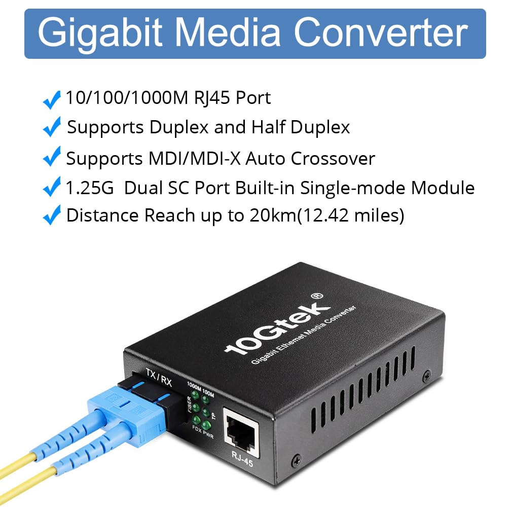 2 sztuki, Gigabit SC na RJ45, konwerter światłowodowy 10/100/1000 Mbit/s RJ45 do 1000 Mbit/s Multimode Fiber Dual SC, MMF, 850 nm, do 550 m, automatyczna negocjacja