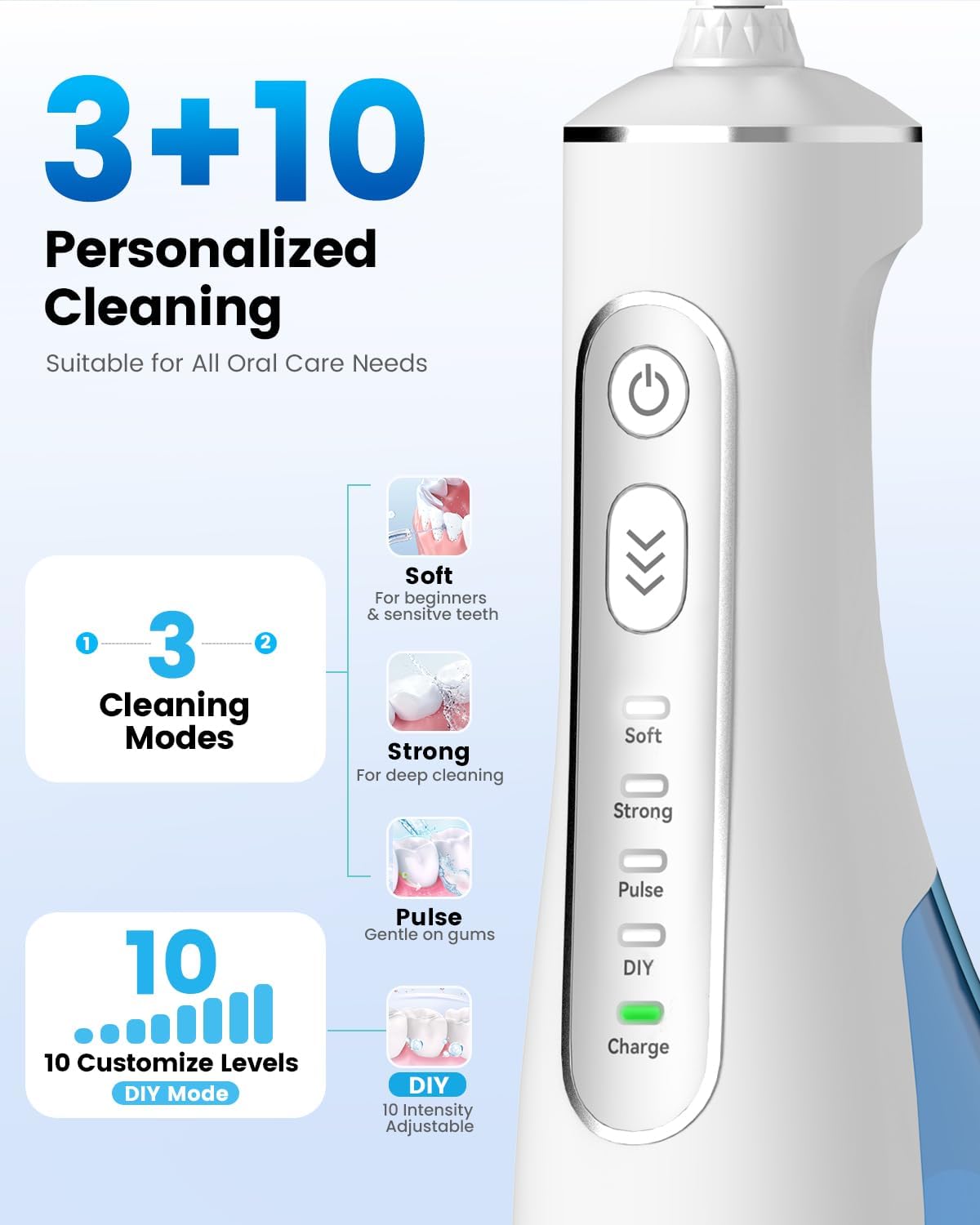 JTF Portable Water Flosser for Teeth: 3 Modes & 10 DIY Pressure Levels Cordless Oral Irrigator for Braces & Sensitive Gums - with 300ML Tank & 6 Tips, Rechargeable Electric Dental Pick for Home Travel