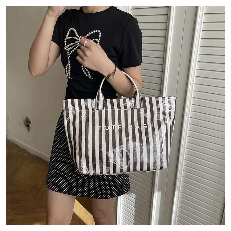 Image of Lushandy Striped PVC Tote Bag for Women, Large Plastic Tote Bag for Beach Pool Plaid Letters Print Hobo Handbag | Waterproof Material