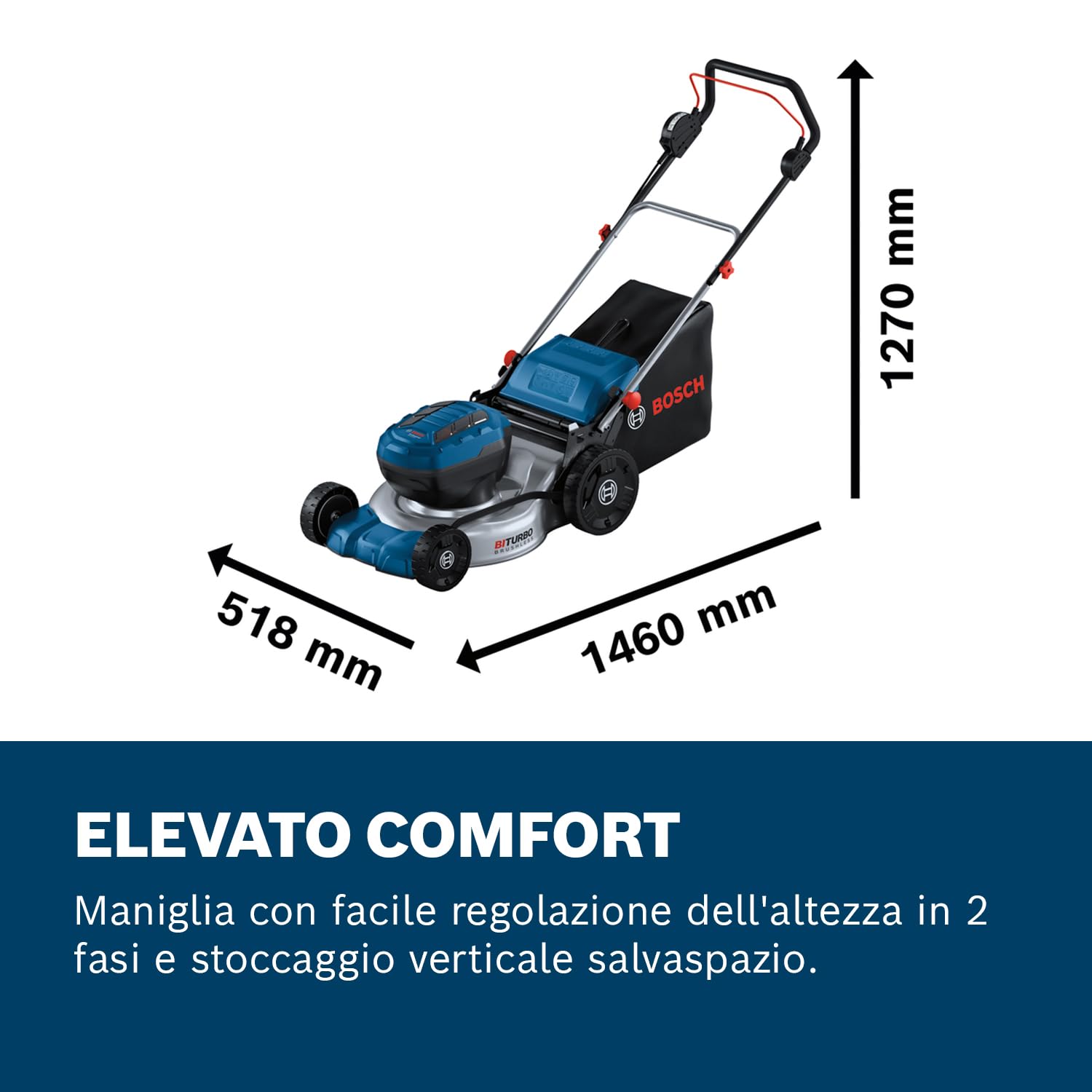 Bosch Professional 18V System Tagliaerba/Tosaerba a batteria GRA 18V2-46 (larghezza di taglio: 46 cm, 6 regolazioni altezza taglio, sacco raccoglierba tessuto 60 l, 2 chiavi di isolamento)