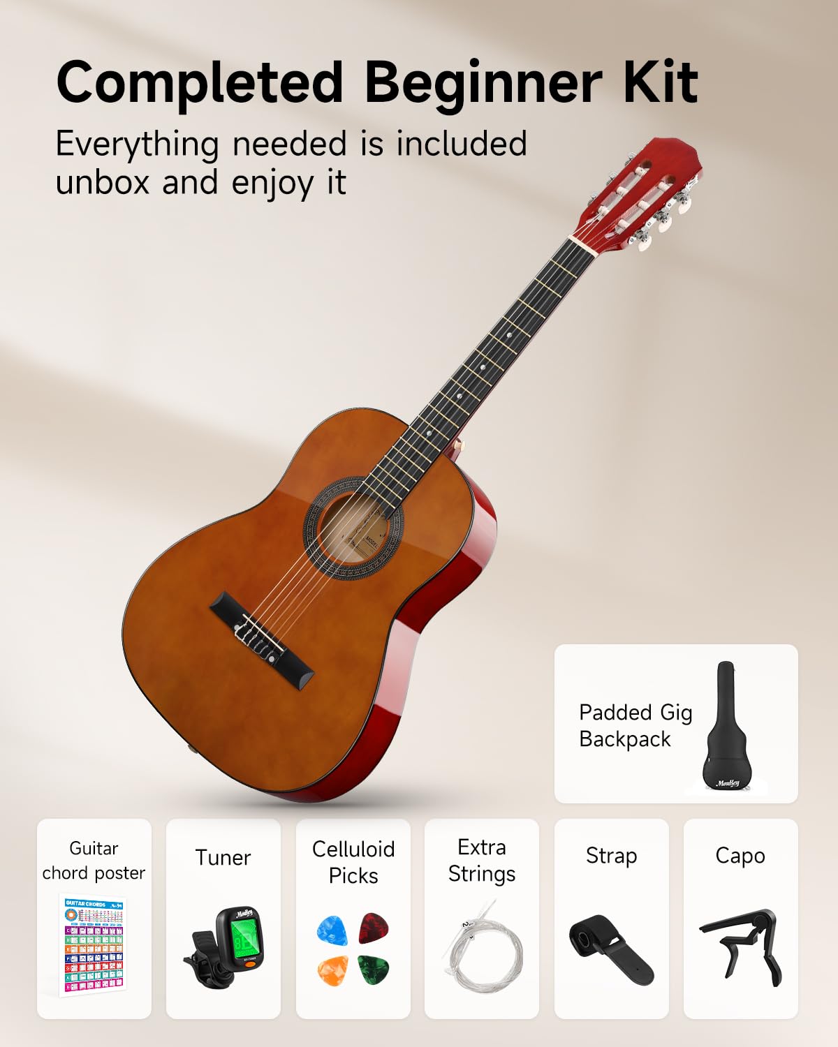 Moukey 36" Akustikgitarre für Anfänger Kinder Jugendliche 3/4 Dreadnought Reisegitarre Gitarren-Set mit Akkordposter, Gigbag, Stimmgerät, Plektren, Nylonsaiten, Kapodaster und Gurt – Braun