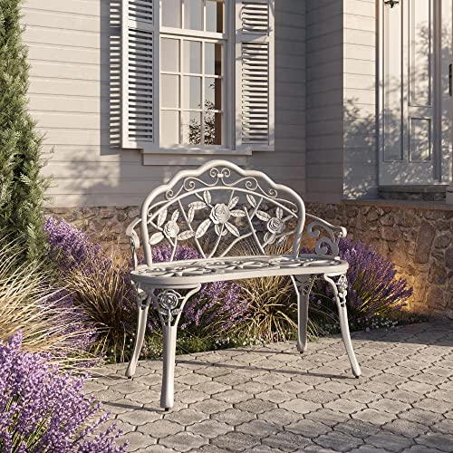 Belleze Outdoor Bench, Patio Outdoor Garden Bench Cast Aluminum Metal Loveseat Chairs For Park, Yard, Porch, Lawn, Balcony, Backyard, Antique Floral Rose Accent Seat Furniture, White #TOP5