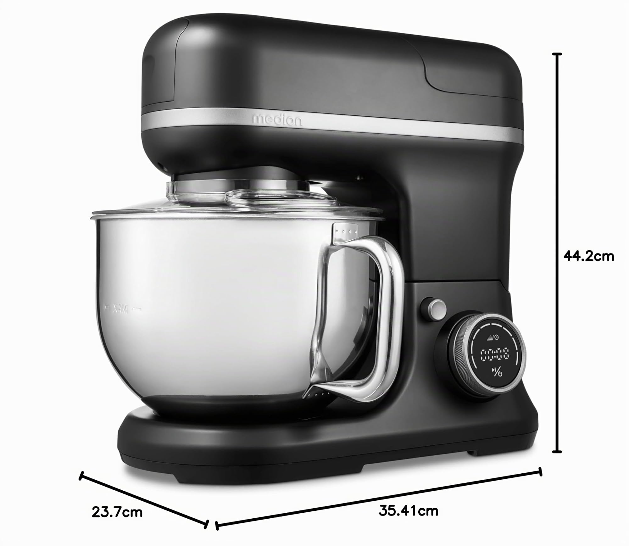 Procesador de alimentos universal MEDION 3 en 1 (digital, 1.200 vatios, 8 niveles, mezclar amasar batir mezclar picadora, bol para preparar helados, pantalla táctil digital, MD18430) negro