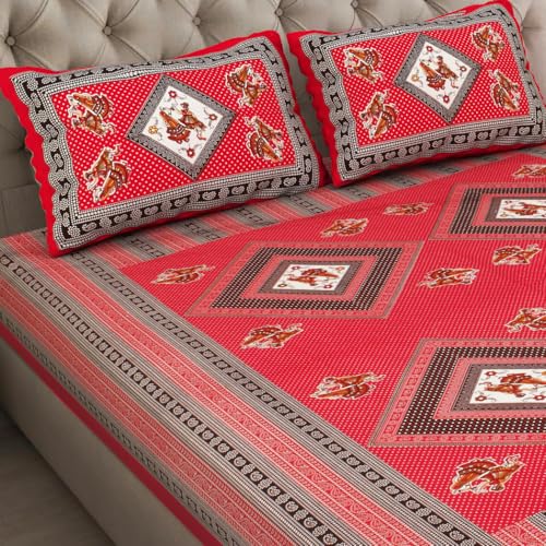Image of JAIPUR PRINTS 100% Cotton Bedsheet for Double Size Bed bedsheets Rajasthani Jaipuri Printed Double Size Bedsheet with 2 Pillow Cover / 90x100 inch / 235x215 cm / (Red)