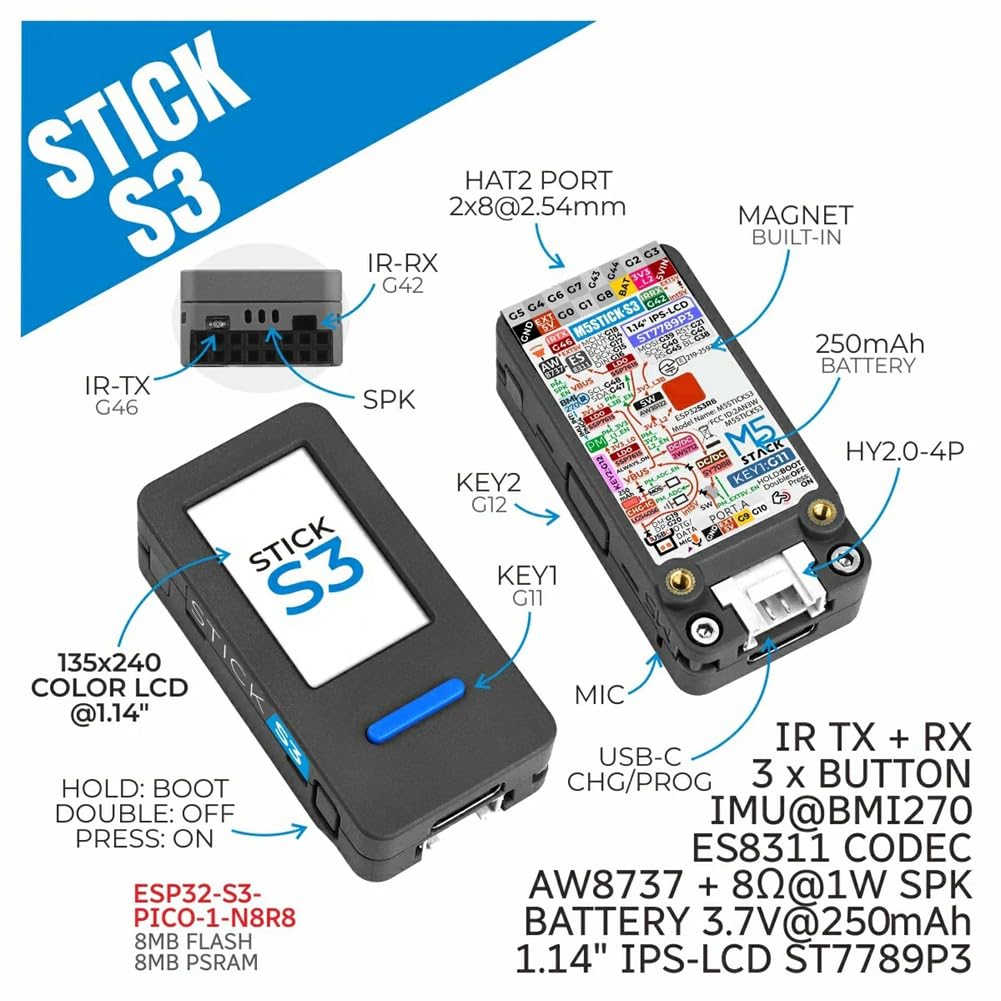 M5Sticks3 Kit de Développement LoT ESP32S3 StickS3 Kit de Développement IoT Compact Haute Performance ESP32S3