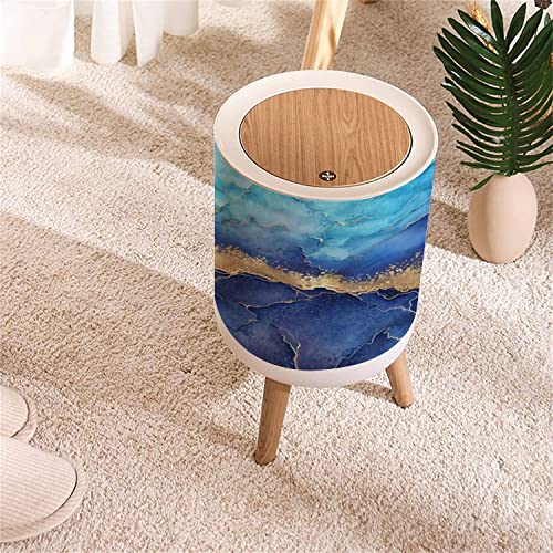 Kcdcyczeal Small Trash Can With Lid Abstract Blue Marble Background Golden Veins Painted Artificial Round Recycle Bin Press Top Dog Proof Wastebasket For Kitchen Bathroom Bedroom Office 7L/1.8 Gallon #TOP2