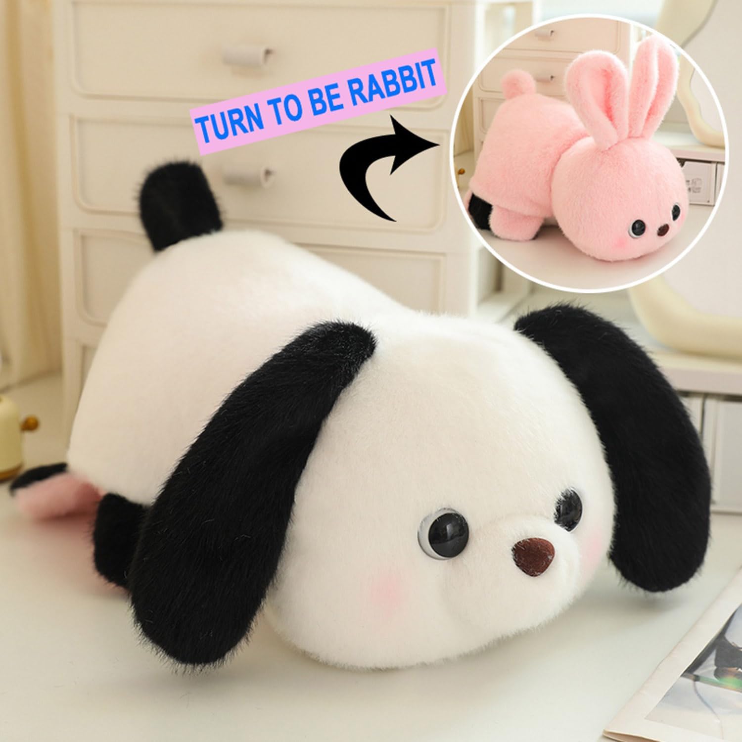 2 in 1 Reversible Pink Rabbit Bunny to be White Dog Stuffed Animal Happy Doggie & Bunny Plush Toys Plushies Gift for Kids and Lovers Home Decor 12.6 Inch