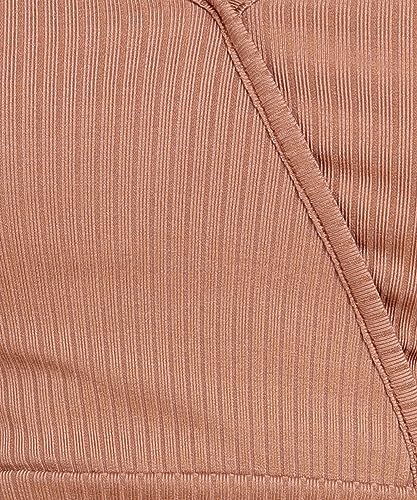 Image of POPWINGS Women Casual Rust Self Design Rib Deep V Neck Sleeveless Cutout Crop Top | Women Tops | Women Regular Tops | Women Tops | Women Stylish Tops
