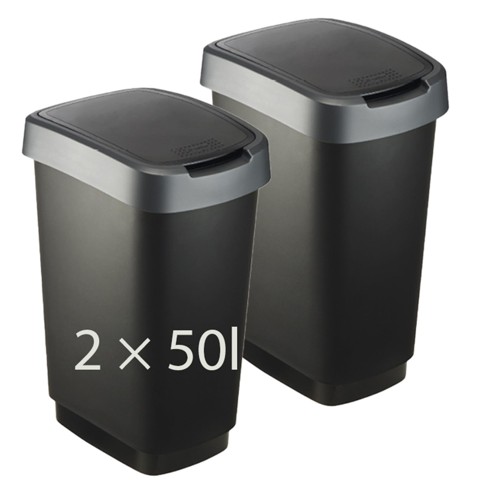 Rotho Twist 2er-Set Mülleimer mit Deckel 50l | Abfalleimer Küche und Recycling Center | mit Schwingdeckel und Klappdeckel | schmal & platzsparend | leicht zu reinigen | schwarz/anthrazit