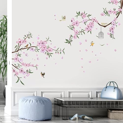 Miniatura 5 de 2 hojas de calcomanías de pared de flor de durazno rosa, ramas de cerezo, calcomanías de pared extraíbles para niños, niñas, dormitorio, sala de