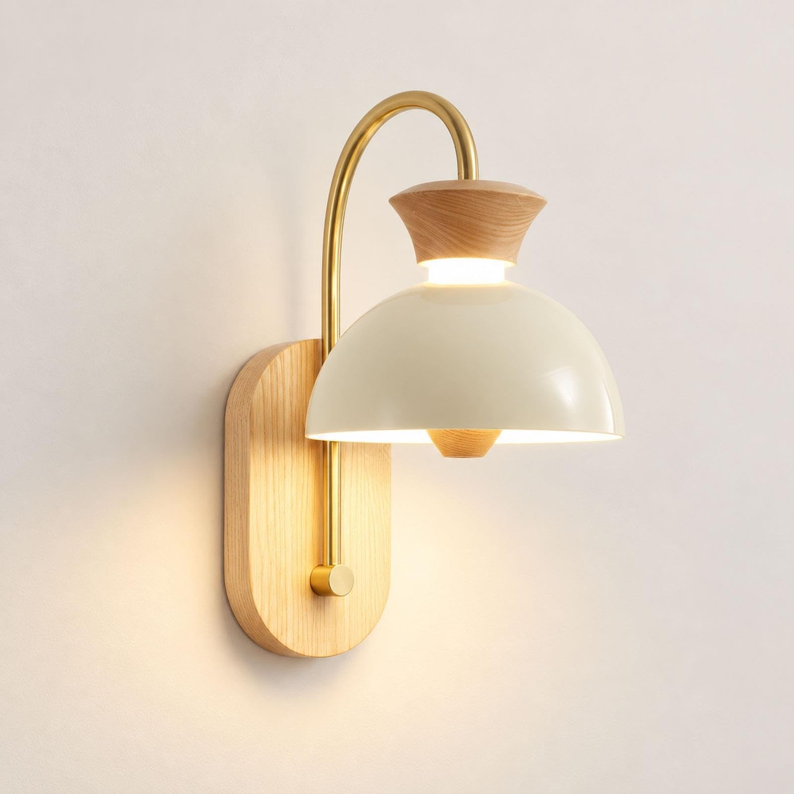 Lámpara pared hierro dormitorio, cúpula y placa trasera madera