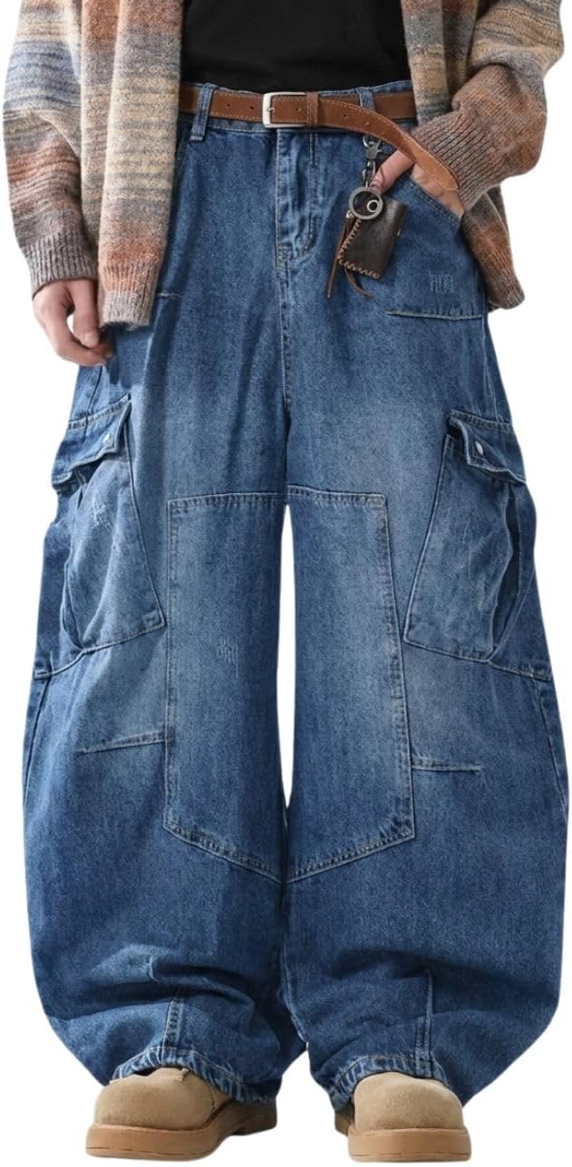 Baggy Cargo Pants Men Wide Leg Barrel Denim Jeans Oversized Jeans
