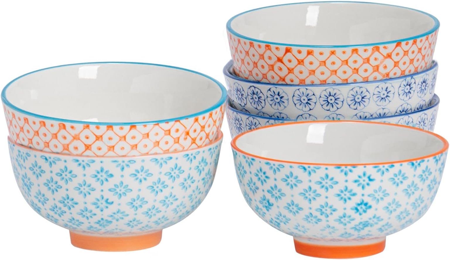 Nicola Spring Patterned Rice Bowls - 3 Colours - 11.5cm - Pack of 6 - Porcelain Flower Print Design Noodle Serving Snack Bowls for Snacks, Pasta, Noodles, Fruit, Cereal, Salads