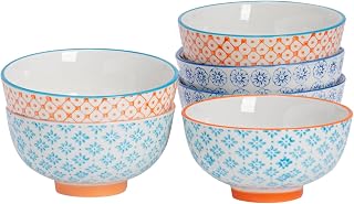 Patterned Rice Bowls - Multi-Colour - 11.5cm - Pack of 6 - Stoneware Flower Print Design Serving Bowls for Noodles, Pasta, Cereal, Fruit, Snacks, Salads, Desserts & Everyday Dining