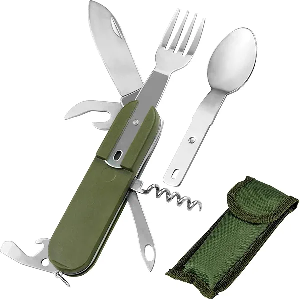 7-in-1 Camping Utensils - Portable Stainless Steel Camping Fork Spoon Knife Set for Hiking, Picnics Outdoor Enthusiasts, and Travel - Essential Survival Utensil Tool Kit Green