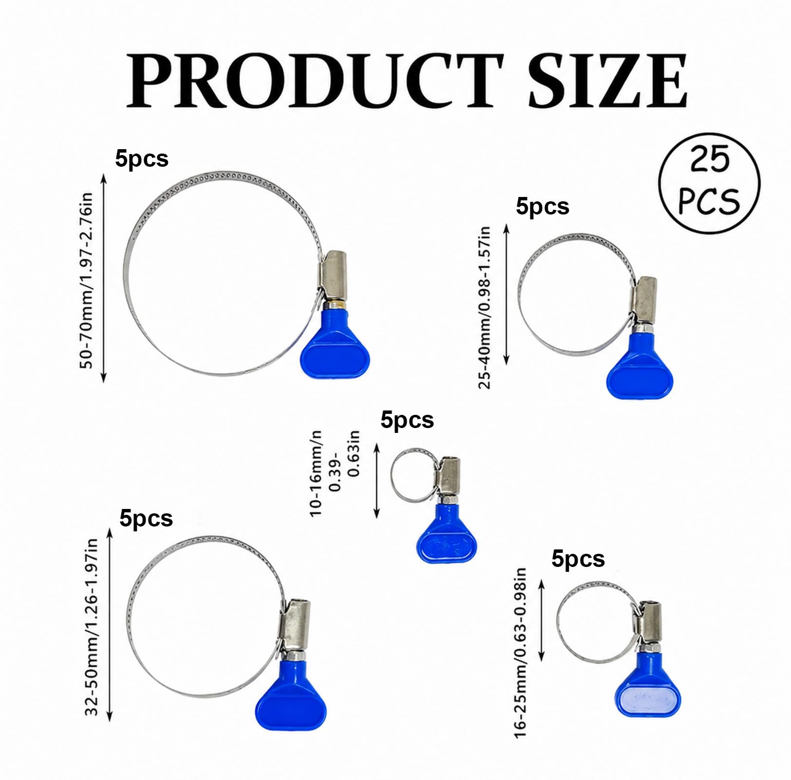 Juego de 25 abrazaderas ajustables de acero inoxidable para tubos y mangueras de 10-70 mm, con tornillo de mariposa, 5 tamaños útiles para agua, gas, piscina, uso doméstico e industrial