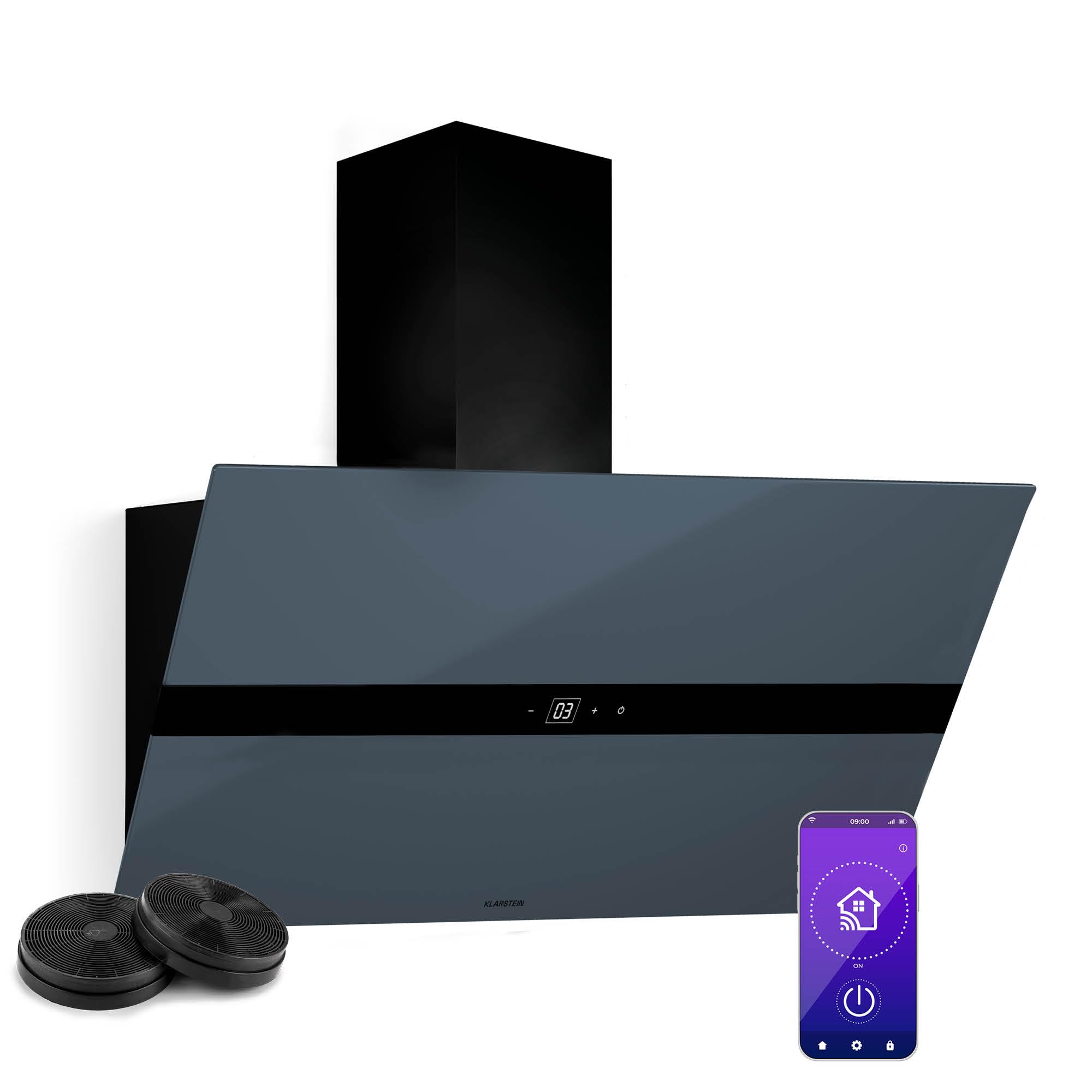 Klarstein WiFusion Hotte Aspirante - 90 cm, 690 m³/h, CEE A++, Commande Wi-Fi & Tactile, LED 6000-6500 K, Silencieuse 52 dB, Hotte de Cuisine, Noire, Filtre à Charbon Inclus 90 cm Gris Foncé