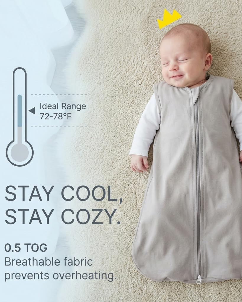 3 Pack Baby Sleep Sack 0-6 Months 100% Organic Cotton, 0.5 TOG Lightweight Wearable Blanket, 2-Way Zipper Sleeping Bag, Cotton&Fawn&Grey - Image 4