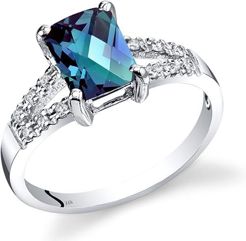 PEORA Anillo veneciano de alejandrita y diamante genuino creado para mujer, oro blanco de 14 quilates, cambio de color, 1.50 quilates, corte