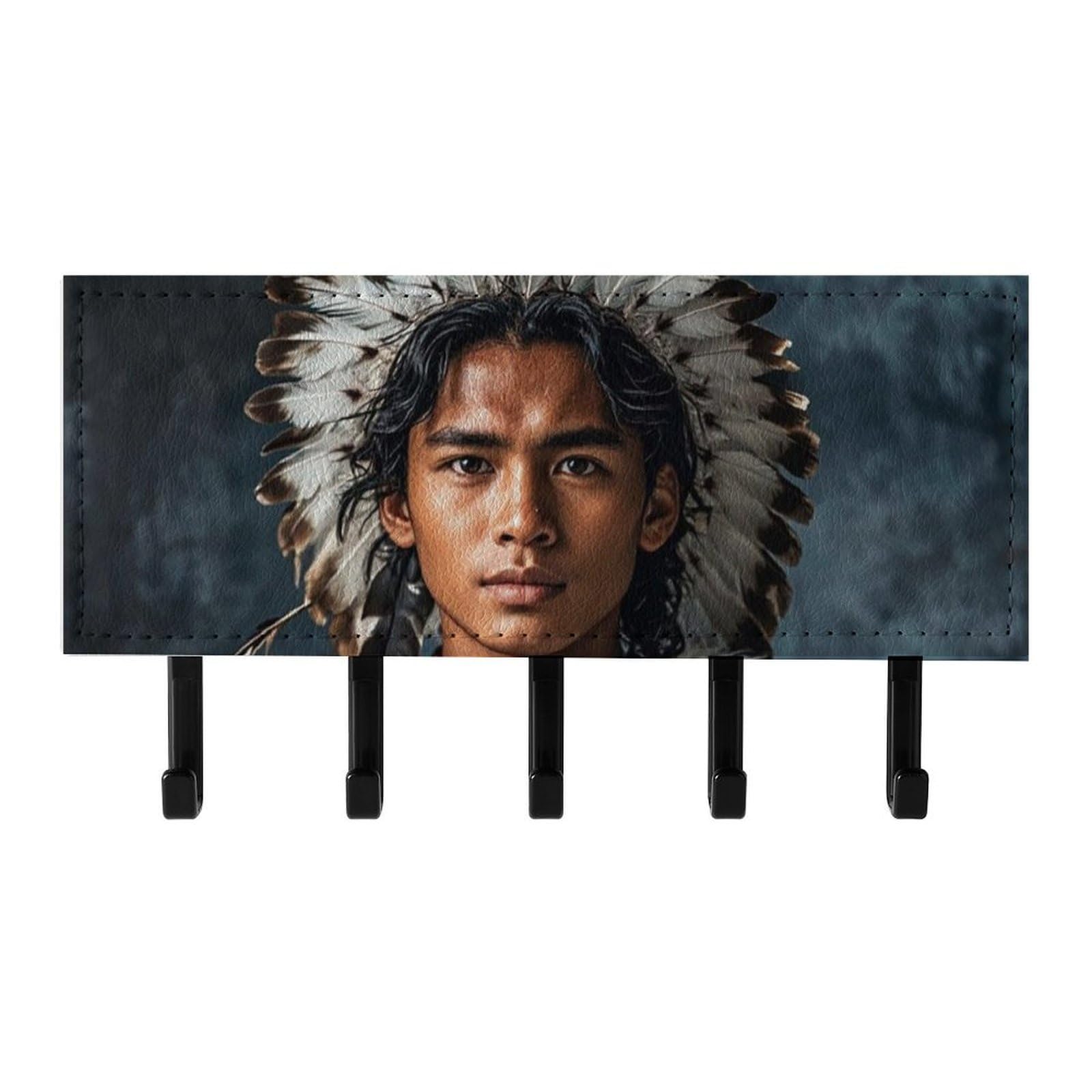 QMNLKH Indigenous People and Wolves Wall Mounted Key Rack for Home, No Drilling Key Holder with 5 Hooks, Self Adhesive Keys Chain Organizer for Hallway, Keys Hanger Shelf for Office, Doorway Black