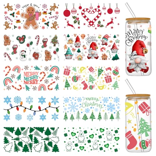 Christmas UV DTF Cup Wraps for 16 oz Glass Cups 10 Sheets Cup Rub on Transfers for Crafts Cute Cup Wrap Transfer Stickers Cup Decals Bulk for Libbey Cups Tumblers Wood Furniture
