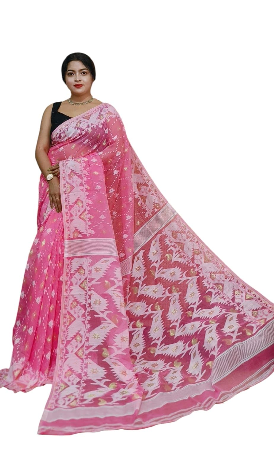 Women's Handloom Jamdani Cotton Saree Soft & Lightweight Printed Traditional with Unstiched Blouse Piece Elegant Ethnic Wear for Festive and Casual Occasions-image-32