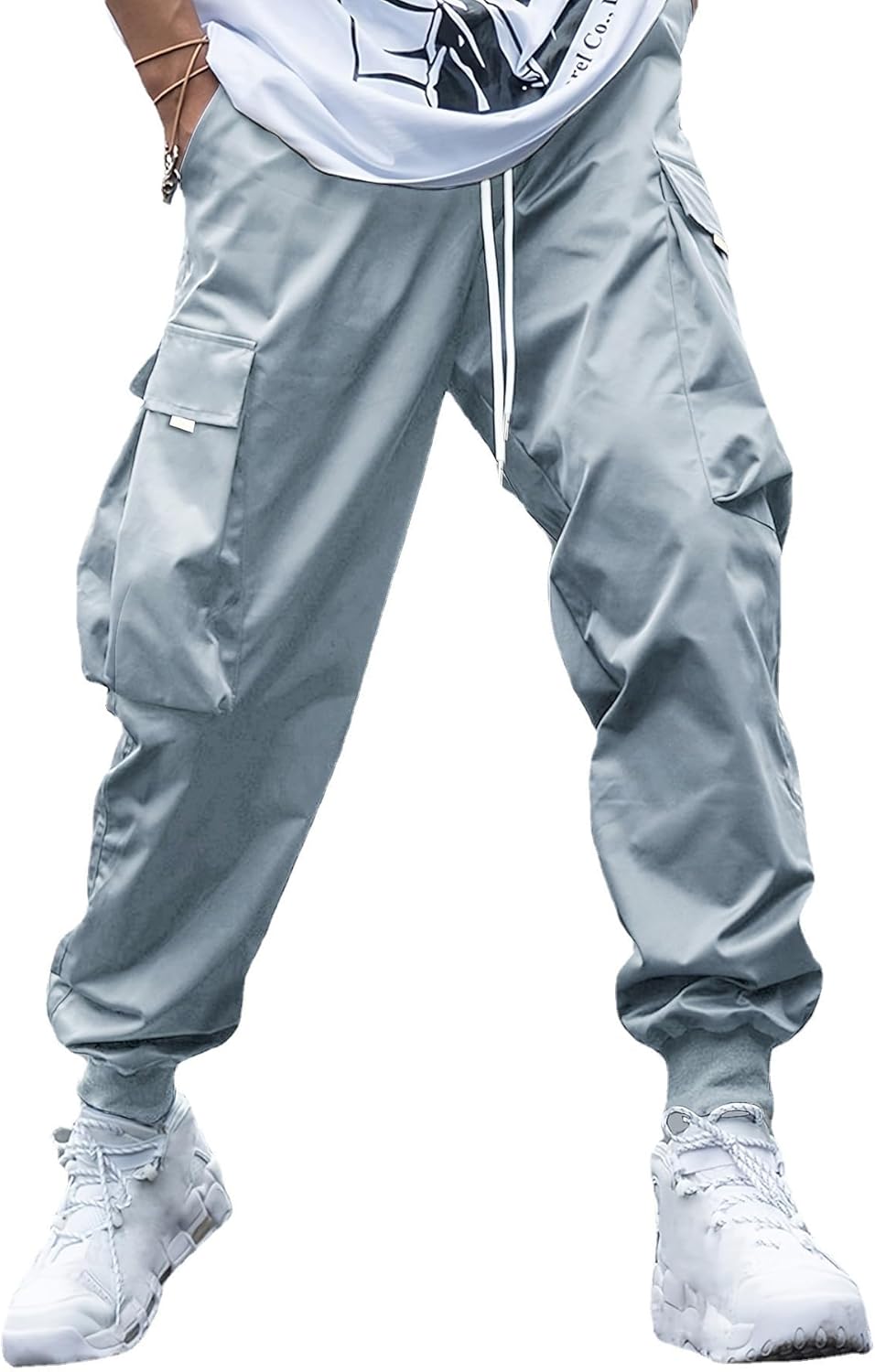 WZIKAI Men's Casual Cargo Pants Elastic Waist Drawstring Tapered Pants Athletic Techwear Joggers Pants with Flap Pockets - Image 2