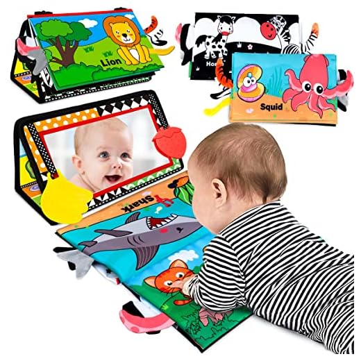 Aboosam Baby Toys 0-6 Months - Tummy Time Mirror Toys with Cloth Books & Teethers - Montessori Infant Toys for Babies 0 3 6 9 Months - High Contrast Newborn Sensory Toy for Boys Girls Baby Gift