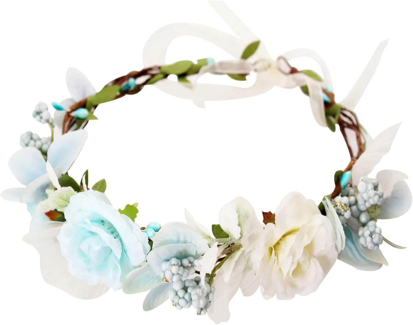 YnimioAOX Handmade Adjustable Flower Wreath Headband Halo Floral Crown Garland Headpiece,B21-Light blue/white