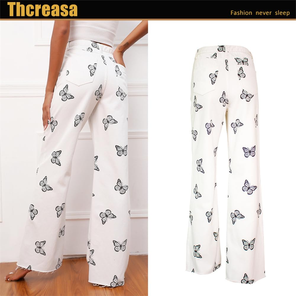 Pantalones Anchos Blancos Informales Sueltos, Pantalones Largos, Jeans Tipo Fregona De Pierna Recta con Mariposas