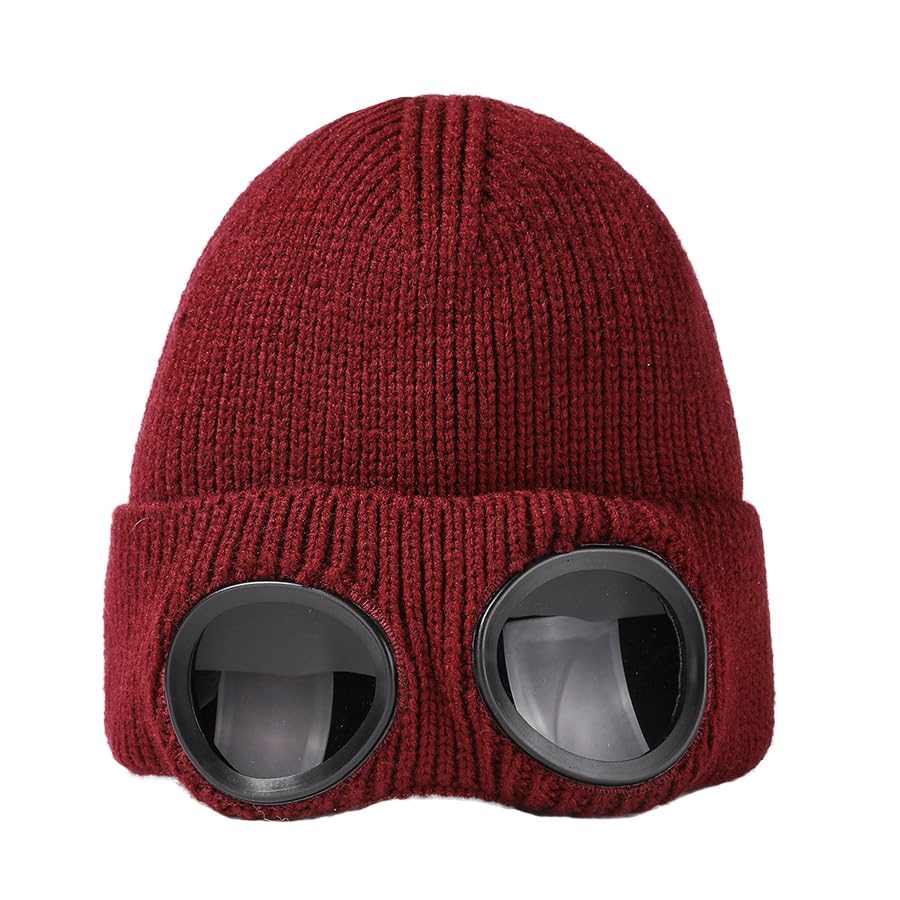 czapka, Czapka narciarska z goglami dla mężczyzn i kobiet, dwuwarstwowa, ciepła, zimowa, stylowa czapka sportowa na świeżym powietrzu(Crimson)