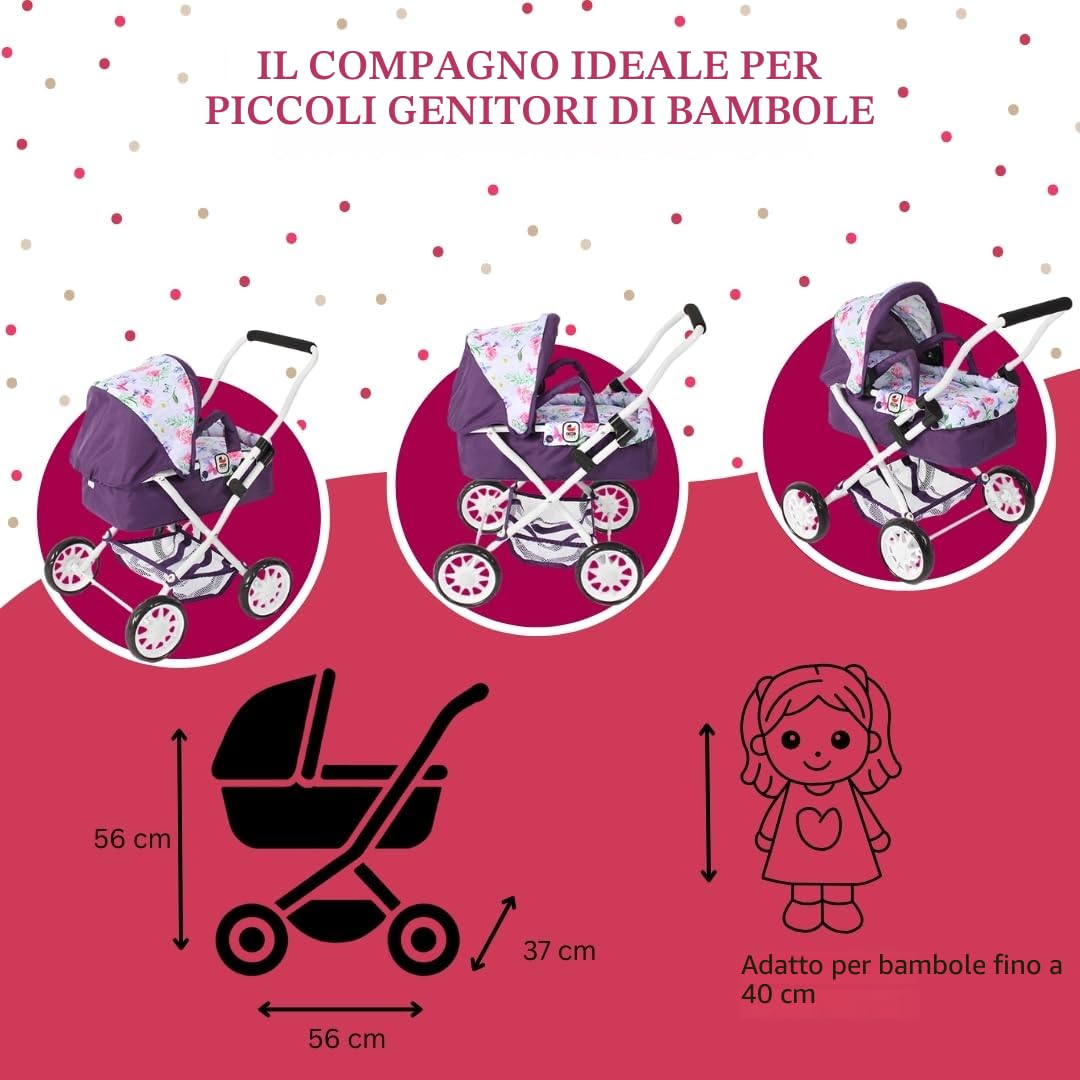 Bayer Chic 2000 - Passeggino per bambole Smarty, piccolo passeggino per bambini dai 2 anni in su, fiori, lilla