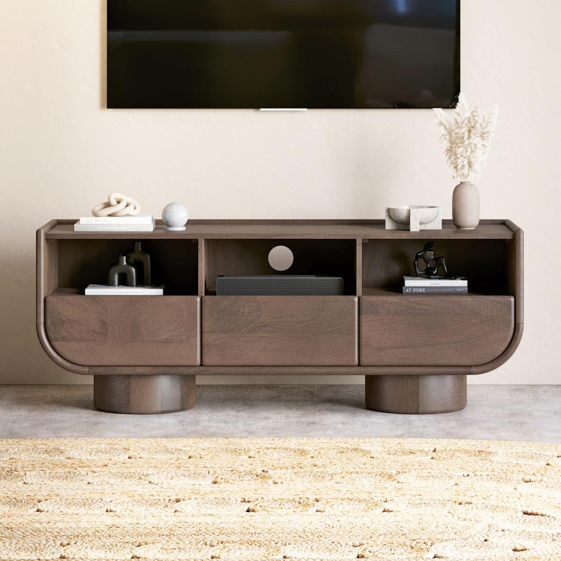 Levon Artisan Solid Mango Wood TV Unit with Rounded Edges & Pedestal Base Modern Mid-Century Entertainment Console Walnut Finish-image-5