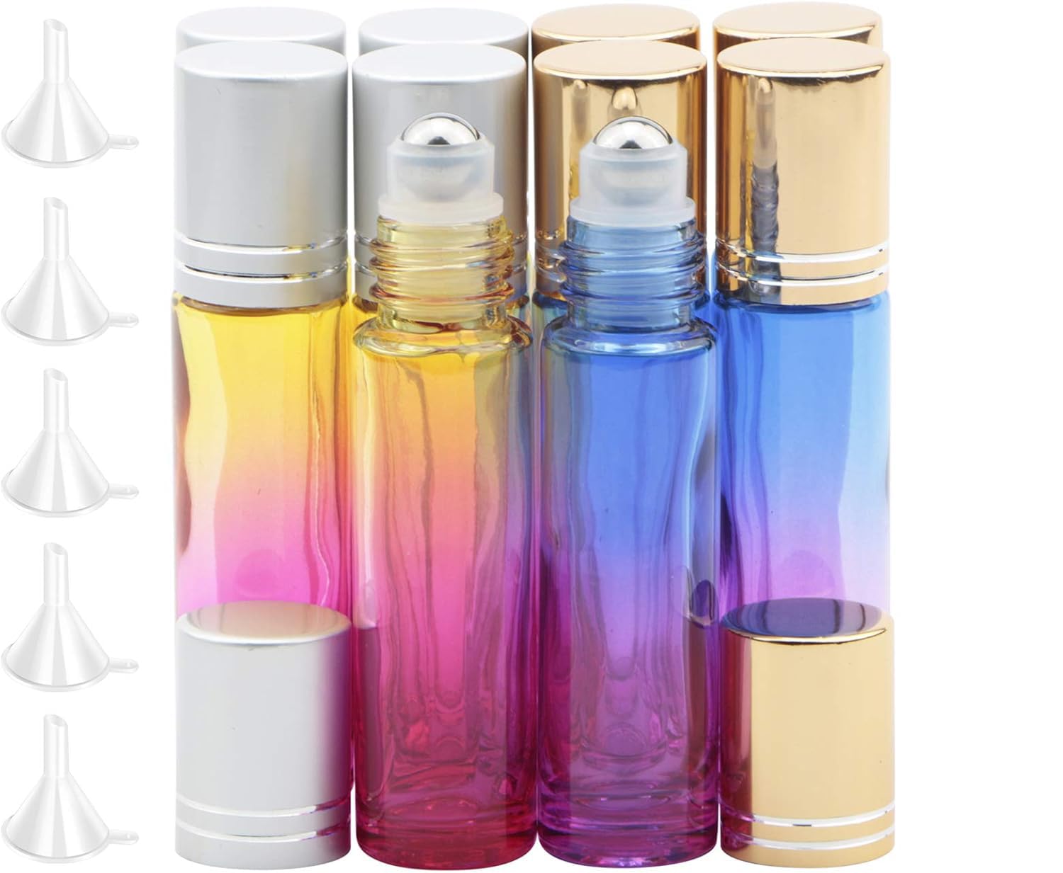 Rowiz Blue-Purple And Yellow-Rose Red Gradient 10Pcs 10Ml Gradient Color Glass Bottle Leakproof Glass Bottle Essential Oil Roller Bottles Set With Stainless Steel Balls And Gold Or Silver Screwcap For Perfume & Aromatherapy Oils