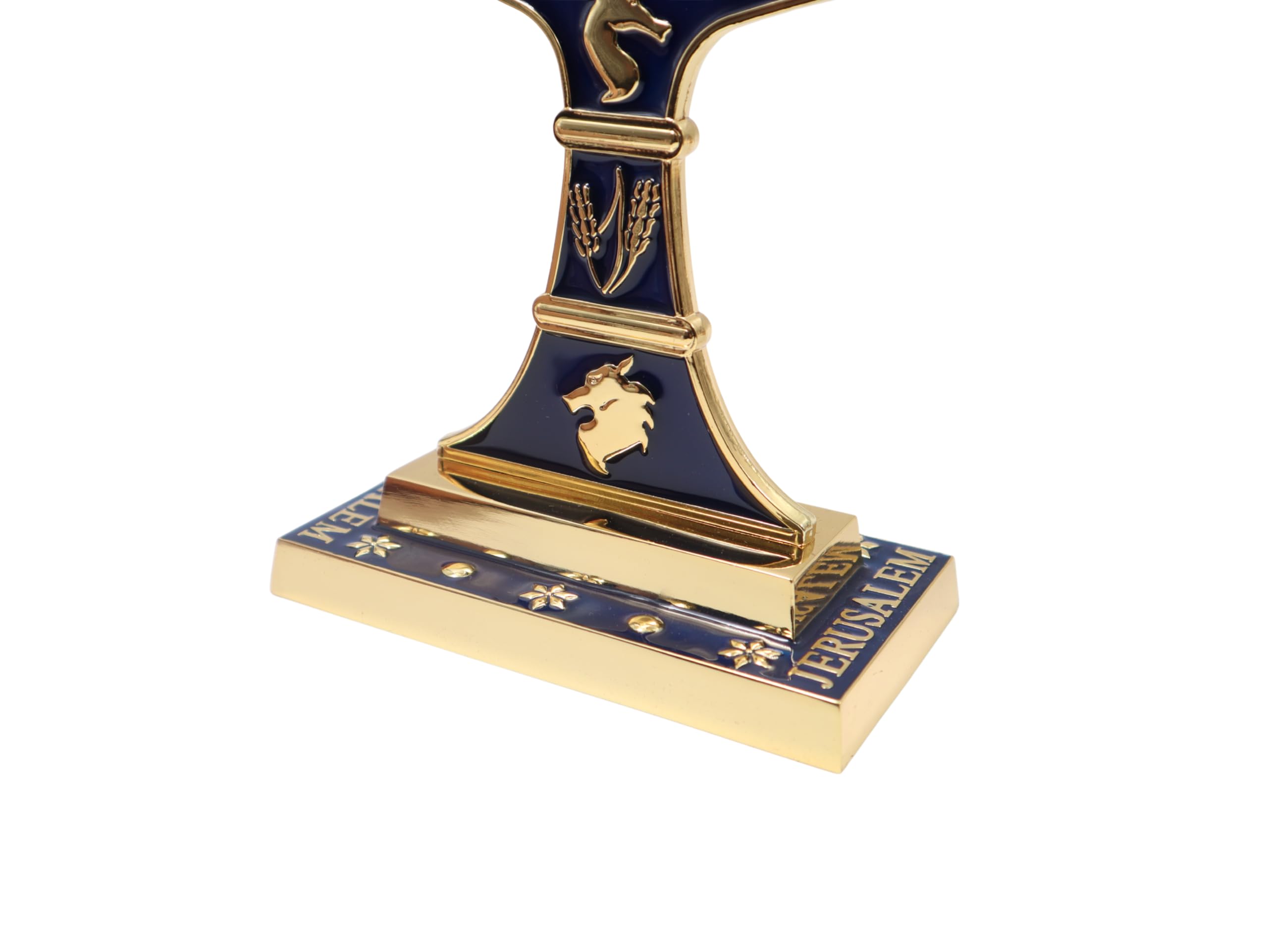 Jerusalem Golden 7 Branch Menorah Acabado esmalte azul, con 12 tribus de Israel, candelabros (27,4 cm)