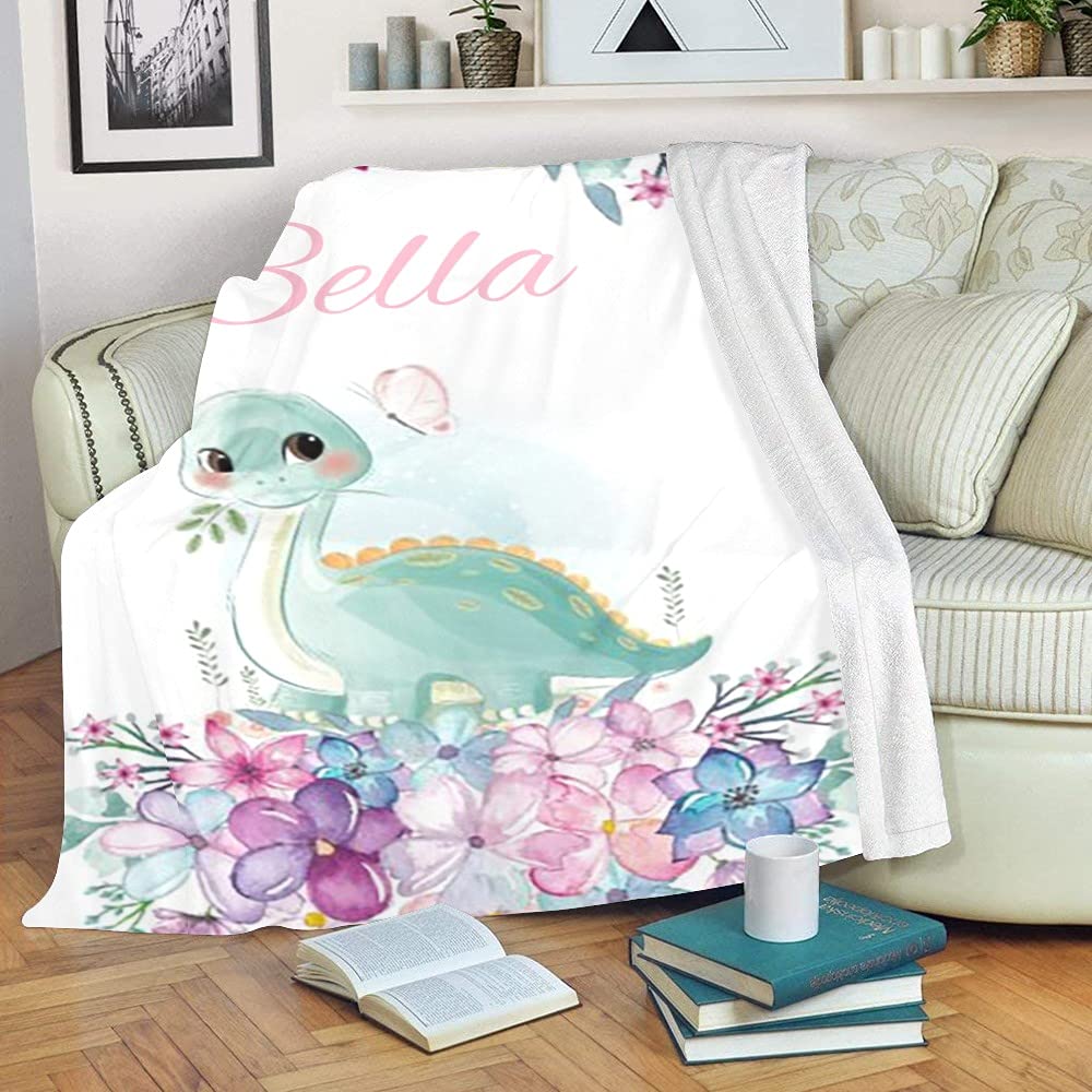 Floral Watercolor Baby Dinosaur Baby Blanket with Name Custom Personalized Super Soft Nursery Fleece Throw Blankets for Newborns Baby Shower Girls Kids Birthday Gift 30 X 40 inch
