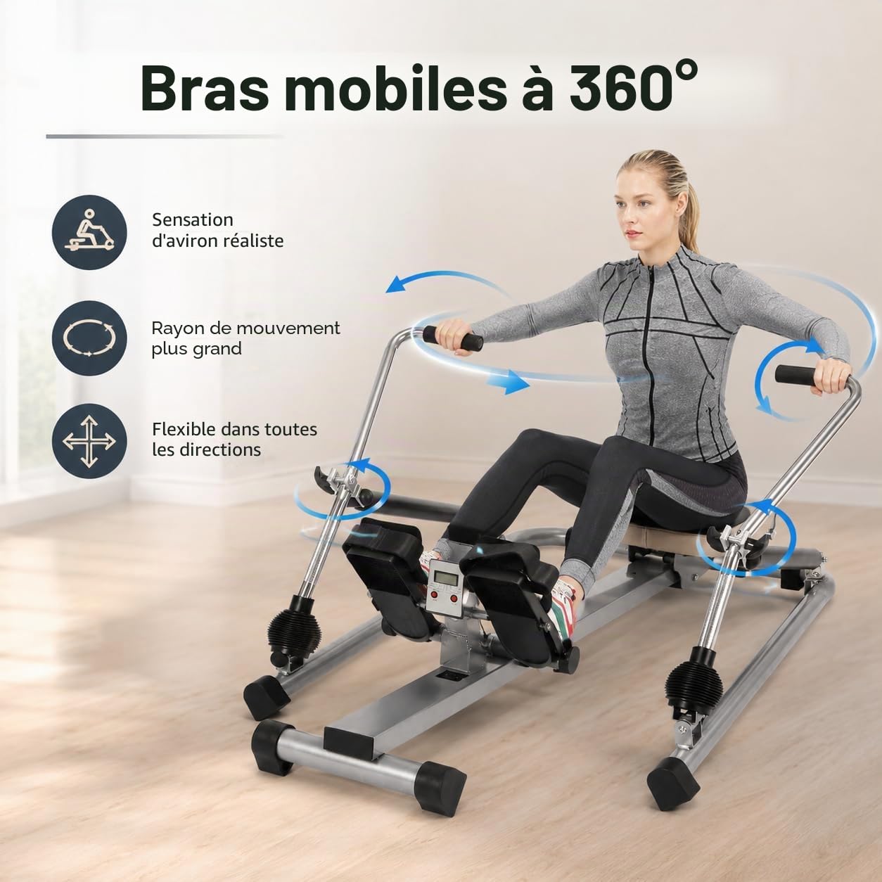 Rameur pour la maison Vainqueur du test, rameur hydraulique entièrement mobile réglable avec siège souple, écran LCD et long rail pour exercices cardio, capacité de charge de 120 kg, 106 x 66 x 10 cm