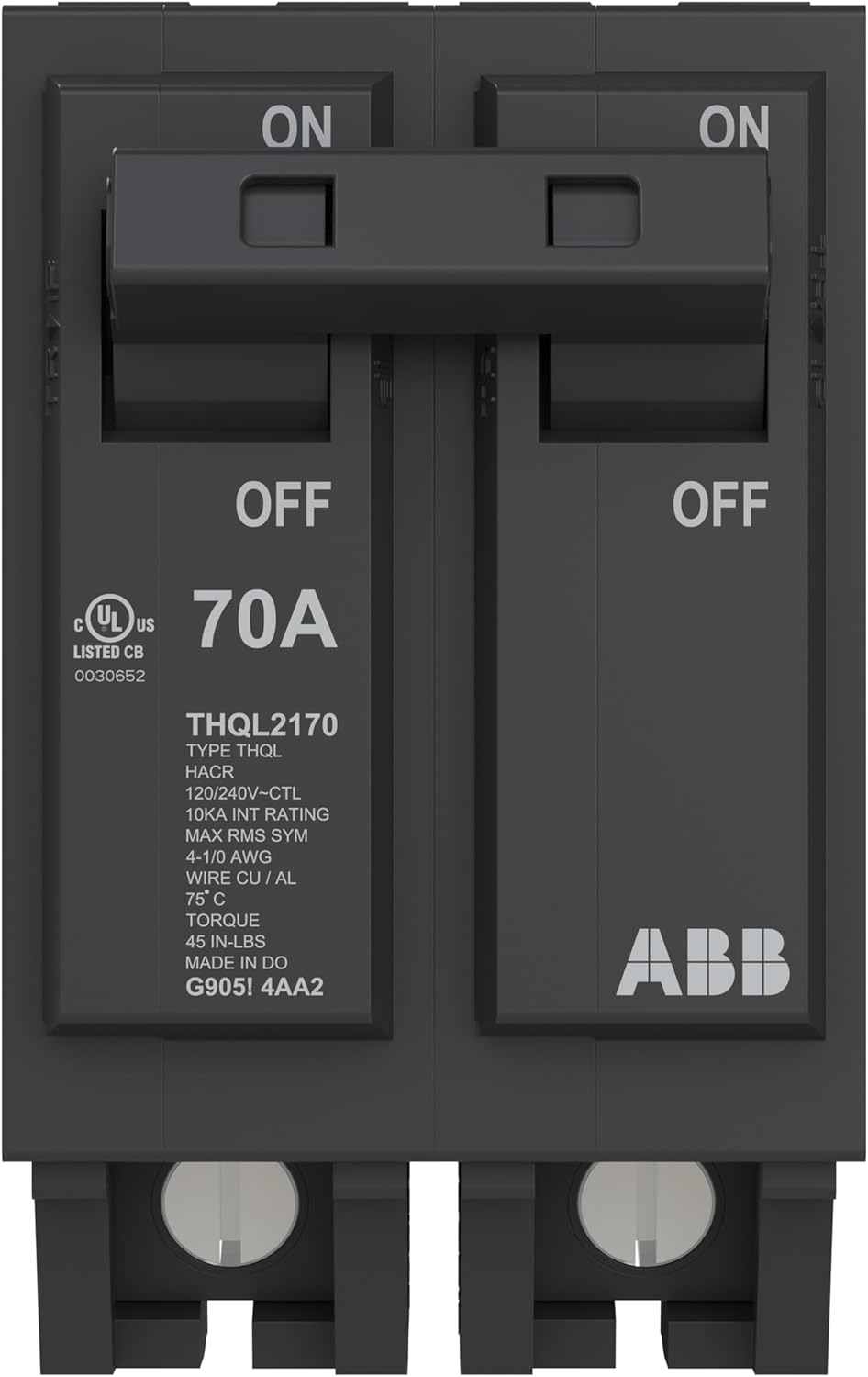 ABB Q-Line® THQL2170P Circuit Breaker • 70 Amp Double-Pole Breaker • 120/240 VAC • 10 kAIC Interrupt Rating • Thermal Magnetic Plug-On Breaker for Load Centers
