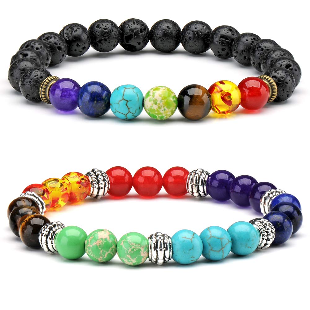 Senlinmu2X Men Women 8mm Lava Rock Chakra Beads Elastic Natural Stone Yoga Bracelet Bangle
