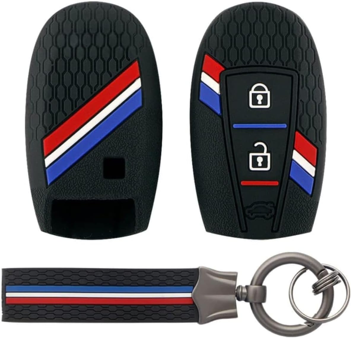 Striped Silicone Car Key Cover & Keychain & Fob Holder Black fit for Suzuki Baleno, Vitara Brezza, Ignish, Ciaz,S-Cross, Swift, Ertiga (2/3 Button Push Smart Key)