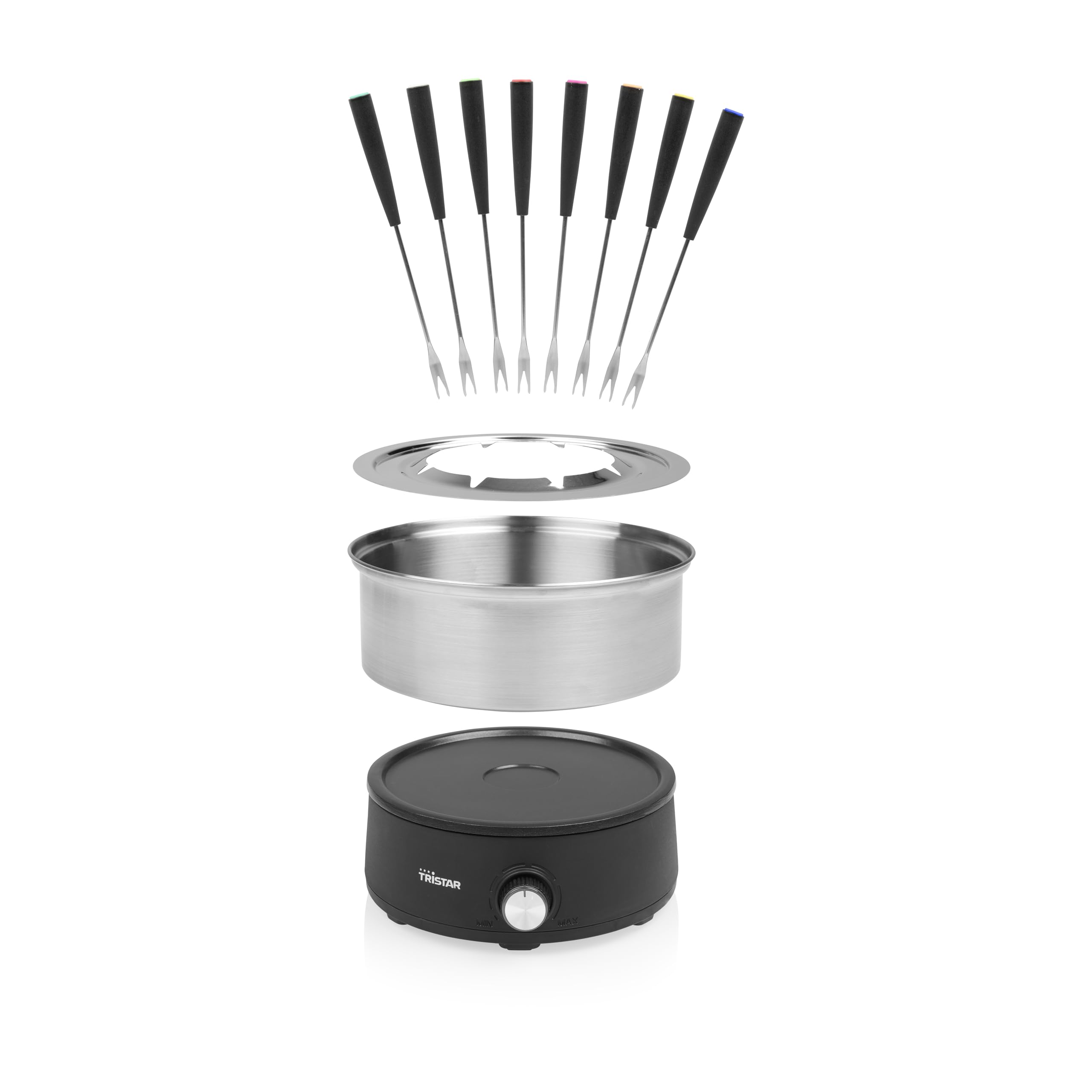Tristar FO-1110 zestaw do fondue, stal nierdzewna 1,5 l, 2 w 1, z funkcją crepe/naleśników, nie zawiera teflonu (PFAS), części nadają się do mycia w zmywarce, dla maksymalnie 8 osób